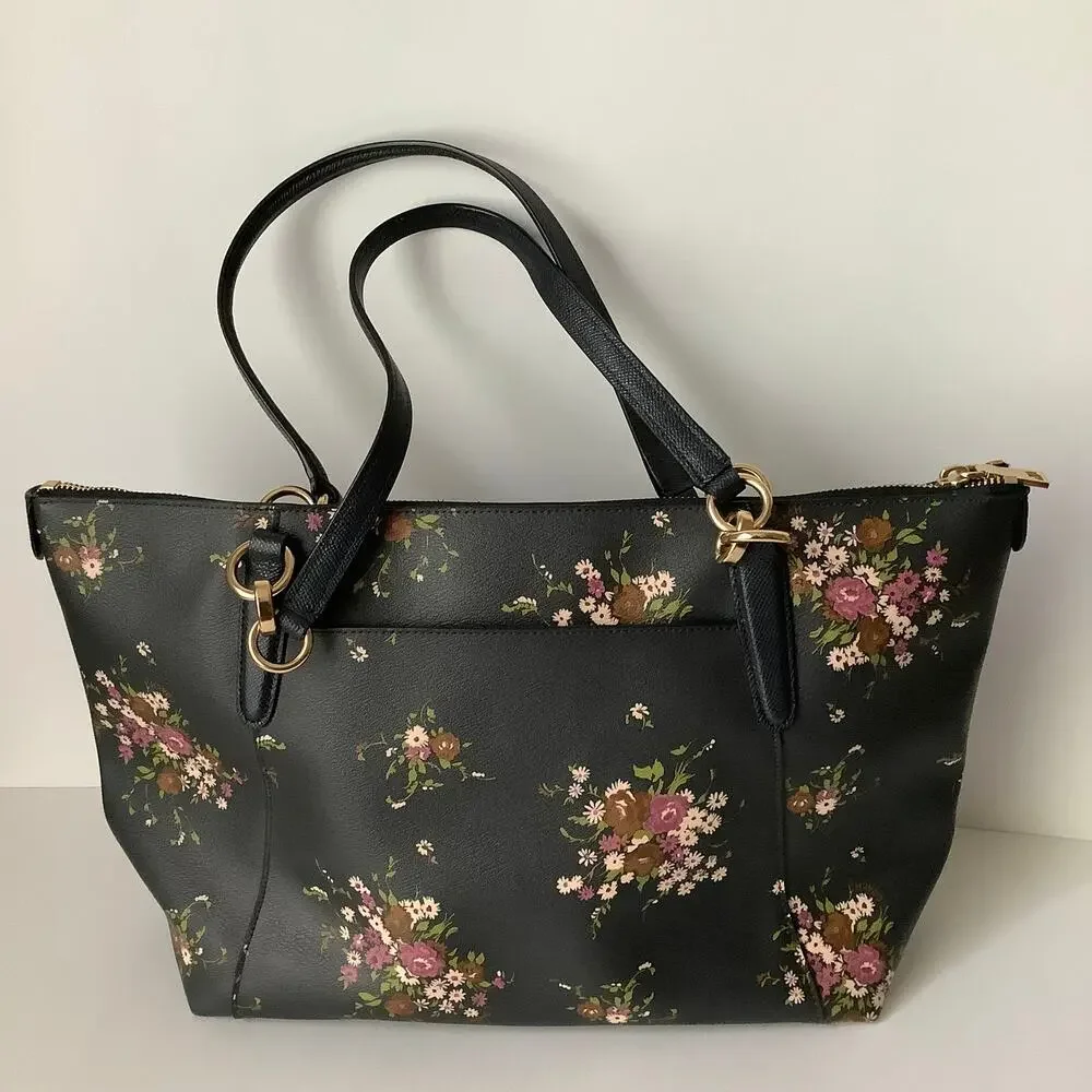 Coach Ava Crossgrain Leather Tote Bag Midnight Blue Delicate Floral Bundle Print